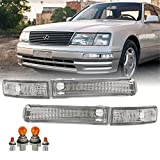 USR 95-97 LS400 Turn Signal Lights - JDM Style Crystal All Clear Lens Front Bumper Signal Lamps Set (Left + Right, Inner + Outer, 4 Pieces) Compatible with 1995-1997 Lexus LS400