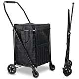 Realife Foldable Shopping Cart with Liner, Portable Utility Cart with Wheels for Grocery and Heavy Duty, 78lbs, Black