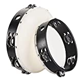 Foraineam 2 Pieces (8 Inch and 10 Inch) Wood Handheld Tambourine, Double Row Metal Jingle Bells Wooden Tambourine Drum Musical Percussion Instrument