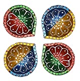 Amroha Crafts 4 Pcs Diya Set of Clay Handmade Diya for Diwali/Deepawali Gift/Decorations/Natural Earthen Oil Lamp/Traditional Diyas for Pooja with Cotton Wicks Batti (Style 2)