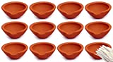 SATVIK Handmade Clay Diya 12 Pc Set. Traditional Terracotta Natural Earthen Oil Lamp Diyas Welcome Dia with Cotton Wicks Batti. Diwali Deepawali Decoration Indian Housewarming Return Gift Items