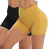 Workout Shorts for Women 2 Pcs Pack Cross Waist Active Gym Spandex Stretchy Yoga Compression with Side Pockets Black+Yellow-M