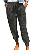 ROSKIKI Womens Casual Leopard Print Drawstring Elastic Waist Joggers Pants with Pocket Lightweight Long Sweatpants Black Large