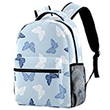 Niaocpwy School Backpacks Blue Pattern Butterflies Elementary Students Bookbags With Water Bottle Pocket