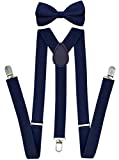 Trilece Navy Blue Suspenders for Men with Matching Bow Tie Set - Adjustable Size Elastic 1 inch Wide Y Shape - Womens Suspenders with Bowtie - Strong Clips (Navy Blue, 1)
