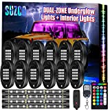 SUZCO 12-pods Trucks LED RGB Neon Underglow Rock Under Wheel Well Light Kit, Dual-Zone Interior Light Kit with APP/RF/IR, Sync Music Multicolor Lights Waterproof 12V for Jeep Offroad ATV UTV SUV