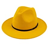 Lanzom Womens Classic Wide Brim Floppy Panama Hat Belt Buckle Wool Fedora Hat (One Size, Yellow)