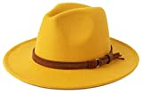 Besoogii Classic Wide Brim Women Men Fedora Hat with Belt Buckle Felt Panama Hat (Yellow)