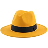 Lanzom Women Wide Brim Warm Wool Fedora Hat Retro Style Belt Panama Hat (Yellow, One Size)