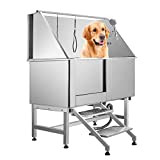 Over-Size Dog Grooming Bathtub Station Large Dogs 50 inch Stainless Steel Dog Washing Station Pets Bathing Tub Professional Commercial Pet Grooming Tub Station for Home with Walk-in Steps