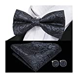 Barry.Wang Mens Black Bow Tie and Pocket Square Set Silk Pretied Bow Tie Hankerchief Cufflinks