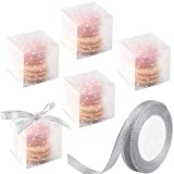 Ocmoiy 50Pcs Clear Favor Boxes for 2 Macarons 2 x 2 x 2 Inches White Dot Wedding Bridal Shower Baby Shower Party Favor Boxes Minigift Candy Boxes with Silver Ribbons