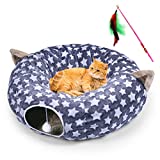 gogomg Cat Tunnel Tube Bed with Central Mat Cushion Round Pad Plush Ball Toys Large, Collapsible 3 Way Toys for Cats Kittens Kitty Ferret Small Medium Dog Puppy Pet Outdoor Indoor Interactive