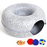 Cat Tunnel Bed for Indoor Cats with 4 Toys, Scratch Resistant Detachable, and Washable Large Donut Cat Bed, for Cats up to 9 Lbs (M(20x20x9), Light Grey)