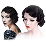 STfantasy Finger Wave Wig Short Curly Synthetic Hair for Women 1920s Cosplay Costume Halloween Party Daily Everyday Wear (Black) 22-22.50inch Circumference