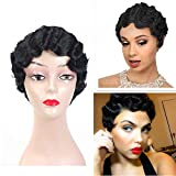 Short Curly Black Cute Wig Black Finger Waves Wigs for African American Women Afro Hair Synthetic Wigs Cosplay For Black Women Heat Resistant (Black)