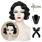 Finger Wave Wig Women Black 1920s Vintage Flapper Wig Lady Short Curly Wig Halloween Party Cosplay Costume Synthetic Hair + Wig Cap
