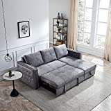 Couch with Pull Out Bed, Sectional L Shaped Velvet Sleeper Sofa Bed, 2 Seats Sofa with Reversible Storage Chaise, for Living Room Furniture Set (Grey)