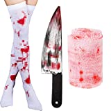 Zomiboo 3 Pieces Halloween Cosplay Costume Socks Set (Blood Stained) Includes 1 Pair Halloween Stockings High Socks 1 Piece Halloween Knife 1 Piece Halloween Bandage for Halloween Party Costume