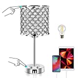 Crystal Table Lamp, RAYINIGHT Crystal Lamp Touch Control with 2 USB Ports - 3 Way Dimmable Bedside Lamp with Bulbs, Crystal Nightstand Lamp Modern Light for Bedroom, Living Room, Bulb Included