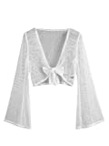SheIn Women's Bell Long Sleeve Tie Front Crop Cover up Sheer Kimono Cardigan Beachwear White Medium