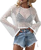 Hilinker Women's Scoop Neck Long Sleeve Top Hollow Out Crochet Bikini Cover Ups White Small