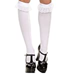 Music Legs Sky Hosiery 5752 White Opaque Knee High with Ruffle Lace Trim, One size