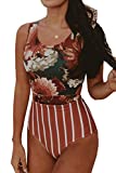 Almaree Women's Plus Size Floral High Neck Zip Tie Back Swimwear Swimsuit Orange XL