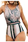 Almaree Women Plus Size Palm Leaf Print High Neck Zip Back Swimsuit Swimwear Green XL