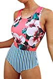 Almaree Woman's Plus Size Floral Striped High Neck Racerback Swimwear Monikini Pink XL