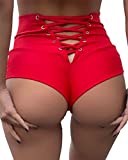 BZB Women's High Waisted Lace Up Yoga Shorts Cross Pole Twerk Dance Hot Panties Running Leggings Red