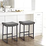 MAISON ARTS Grey Bar Stools Set of 2 Counter Height 24 Inches Saddle Stools for Kitchen Counter Backless Modern Barstools Upholstered Faux Leather Stools Farmhouse Island Chairs, Grey, 2pcs