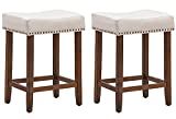 ERGOMASTER Counter Height Bar Stools Set of 2 Backless Fabric Barstools with Nailhead for Kitchen Island Extended Counter Padded Saddle Stools (24", Beige/Brown)