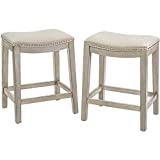 Barton Set of 2 Bar Stools Beige 24" Saddle Backless Premium Padded Indoor/Outdoor Nailhead Cushion Kitchen Counter Chairs Pub Seat Foot Rest