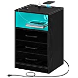 Seventable Nightstand with Wireless Charging Station and LED Lights, Modern End Side Table with 3 Drawers and Open Storage for Bedroom,Black