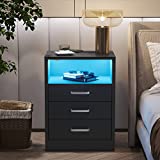 ADORNEVE Nightstand with Wireless Charging Station and LED Lights,Night Stand for Bedroom,Bedside Table with Drawers,Modern End Side Table,Black