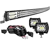 LED Light Bar TURBO SII 40/42 Inch 576W Curved Triple Row Flood Spot Combo Beam Offroad Driving Light + 4 Inch 60W Led Pod Lights w/3-Leads Wiring Harness for Trucks ATV UTV Polaris Boats