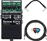 Boss RE-2 Space Echo Delay and Reverb Effects Pedal Bundle with Roland 10ft Instrument Cable, Roland 6in Patch Cable, and Boss Picks