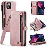 Defencase for iPhone 13 Case, iPhone 13 Case Wallet for Women Men, Durable PU Leather Magnetic Flip Lanyard Strap Wristlet Zipper Card Holder Wallet Phone Case for iPhone 13 [6.1 inch], Rose Pink