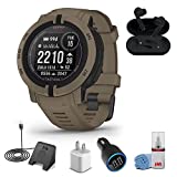 Garmin Instinct 2 Solar - Tactical Edition Smart Watch Coyote Tan (45MM) + Wireless Headphones + Watch Charging Stand + USB Car/Wall Adapter + 6Ave Cleaning Kit (010-02627-14)