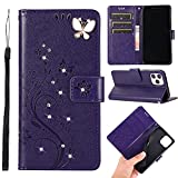 Felico Wallet Case Compatible with iPhone 14 Pro Max Case 6.7 Inch, [Kickstand Feature][Card Slots][3D Bling Emboss Butterfly Flower] PU Leather Magnetic Protective Cover, Handmade Flip Cases Purple