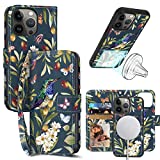 CASEOWL iPhone 14 Pro Max Wallet Case [Compatible with Magsafe Charger] Magnetic Detachable [RFID Blocking] Floral Pattern Flip Leather Lanyard Wallet Case with Card Holder,Strap for Women (Vintage)