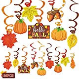 36CT Autumn Hello Fall Party Hanging Foil Swirls Decorations Pumpkins Maple Leaves Acorns Harvest Thanksgiving Photo Props Ideas Ceiling Door Whirls Streamers Supplies