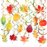 Konsait Thanksgiving Decorations, 30 Pcs Fall Autumn Maple Leaves Fruit Assorted Hanging Swirls, Farmhouse Harvest Streamer Ceiling Decorations for Home Outdoor Classroom Decor Supplies Party Favors