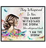 They Whispered to Her You Cannot Withstand The Storm - Boho Positive Motivational - Uplifting Encouragement Gifts for Women Teens BFF - Inspirational Quote Wall Art - Hippie Dragonfly Wall Decor Print