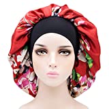 Wide Band Large Satin Bonnet Cap,Bonnets for Women,Silky Bonnet for Curly Hair,Women Hair Wrap for Sleeping,Double Layers (Red Flowers)