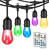 Mlambert 48FT Outdoor Patio Lights, RGB Cafe String Lights with 15 E26 S14 Shatterproof Edison Bulbs, Commercial Grade Dimmable String Lights for Bistro Backyard Garden, 2 Remote Controllers