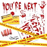 Pawliss Halloween Crime Scene Decoration Kit, Caution Tape,One Chalk, Bloody Handprints Footprints Wall Stickers, Haunted House Bloody Window Decals, Halloween Decorations for Home