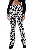 SweatyRocks Women's Boho Comfy Stretchy Leopard Print Bell Bottom Flare Leg Pants Cow Animal Black White L