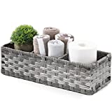 [Larger Compartments] Toilet Tank Topper Paper Basket - Multiuse Hand Woven Plastic Wicker Basket with Divider for Organizing, Rustic Farmhouse Bathroom Decor, Countertop Organizer Storage, Grey